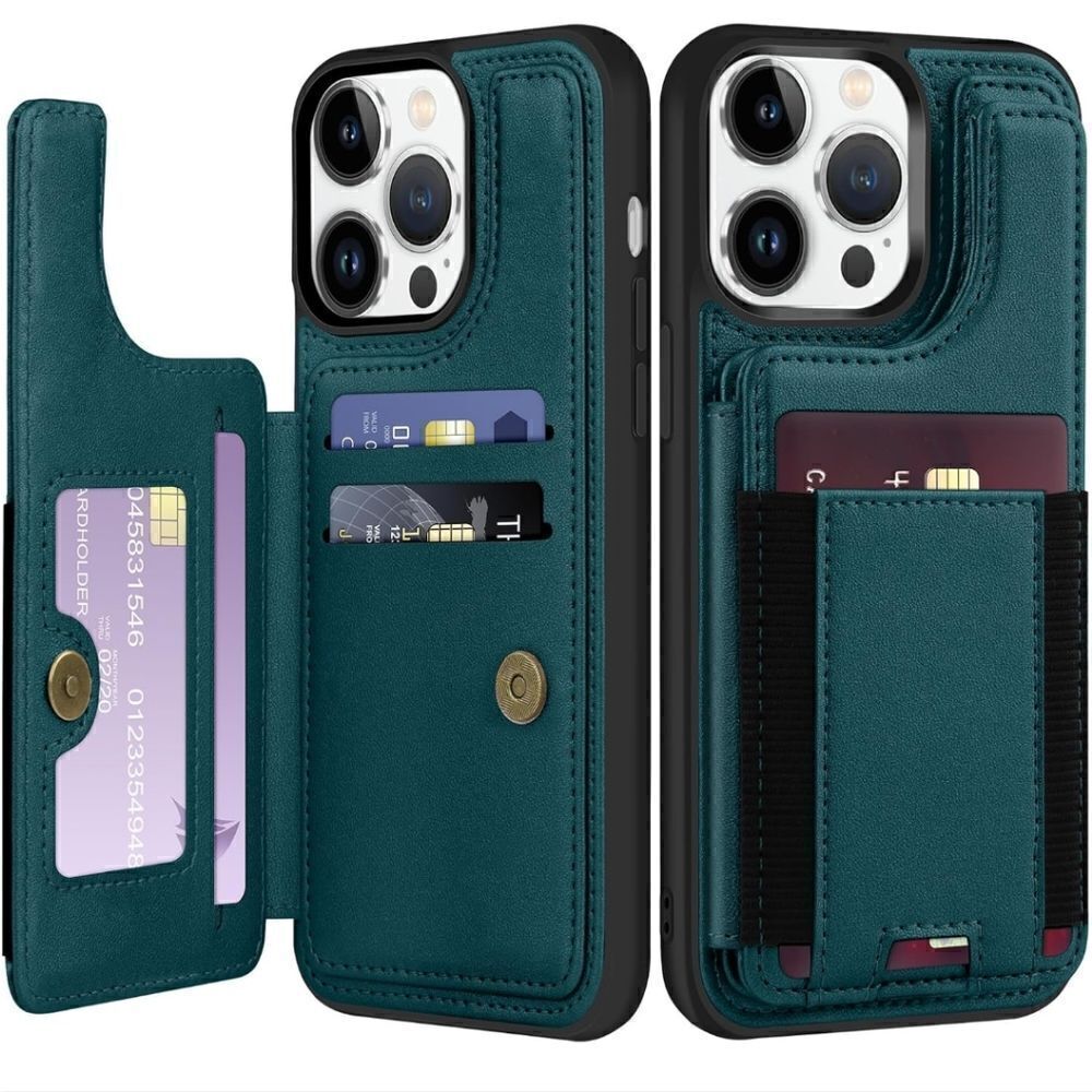 Green iPhone 15 Pro Leather Wallet Case RFID Blocking Magnetic Closure